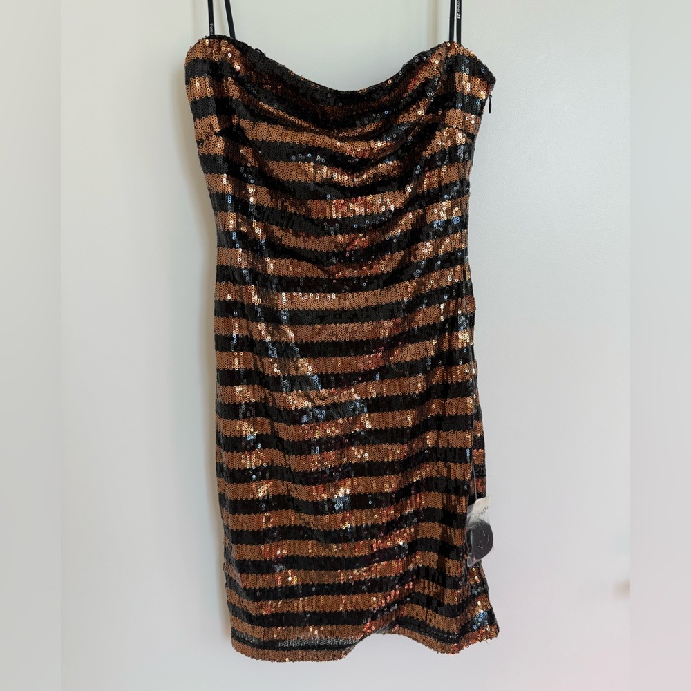 Sequin Striped Black and Copper Strapless Dress
